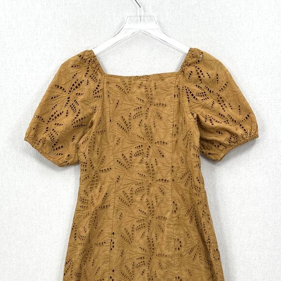 FREE PEOPLE Daniella Mini Dress Women 0 Taupe Embroidered Eyelet Puff Sleeve NEW - Picture 5 of 14